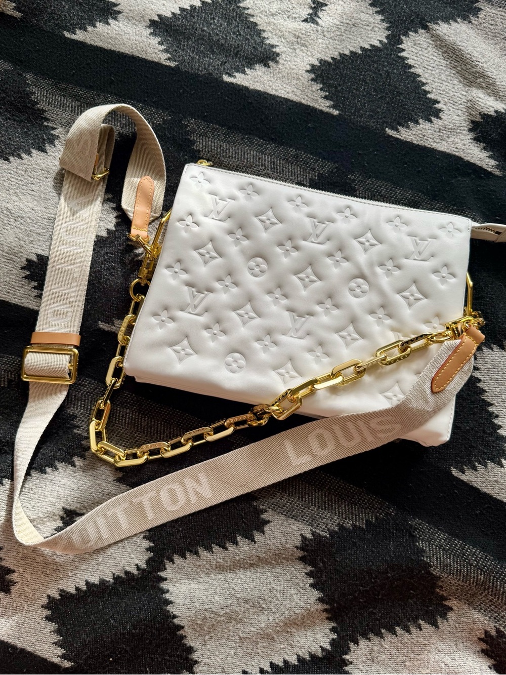 Louis Vuitton Coussin PM White Quilted Monogram Crossbody with Gold Chain
